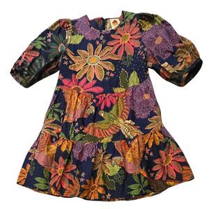 Farm Rio Puff-Sleeve Mini Dress Navy Blue Multicolor Vibrant Floral Macaw Bird S